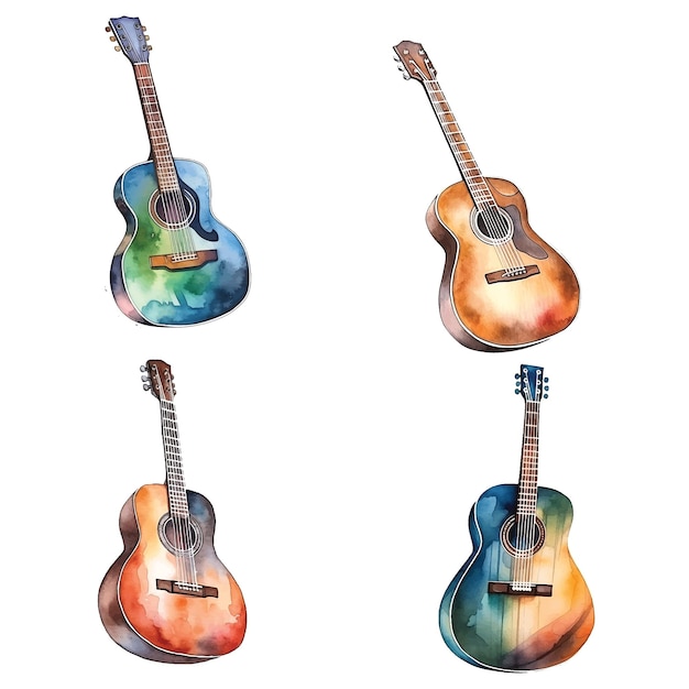 Colección de pintura de acuarela de guitarra acústica