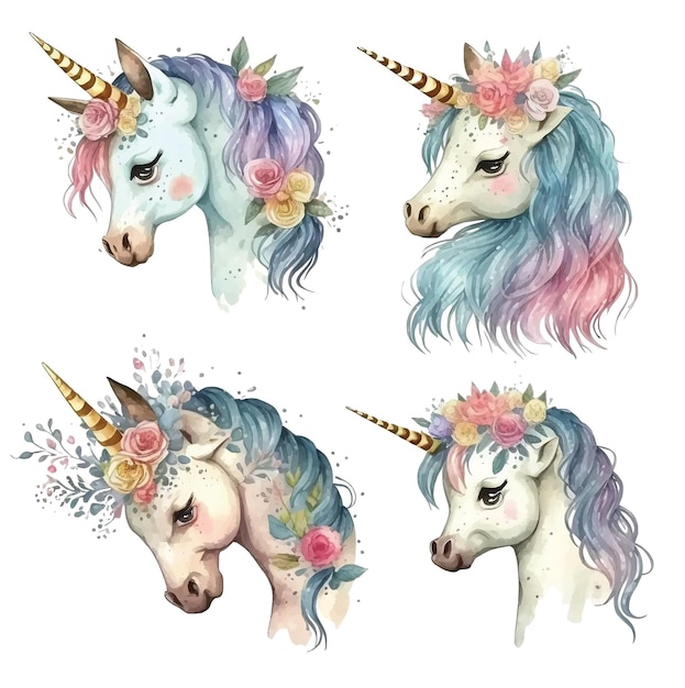 Colección de pintura de acuarela de unicornio cutie