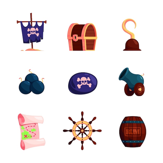 Colección de piratas Cofre del tesoro carta botella bomba catalejo cañón sable traje vintage y gorra para piratas chillonas ilustraciones de colores vectoriales