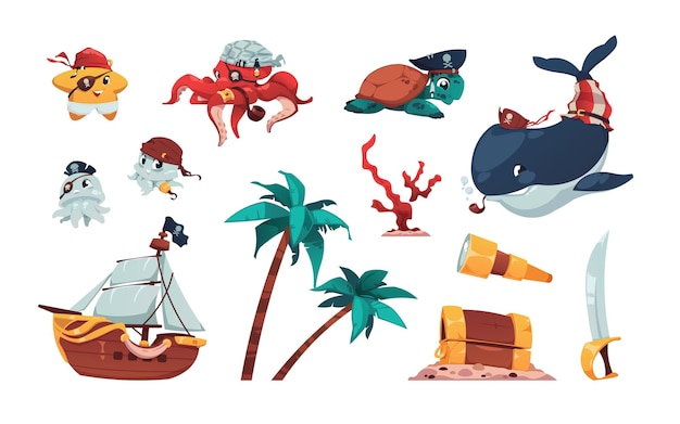 Colección de piratas de dibujos animados lindos animales marinos en disfraces de piratas catalejo cofre de madera palmeras y velero niños ilustración vector aislado conjunto