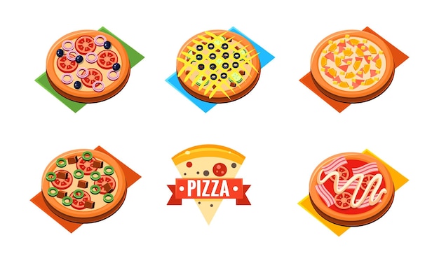 Colección de pizza entera con diferentes ingredientes pizzería restaurante panadería tienda café diseño plantilla vector ilustración aislada sobre fondo blanco