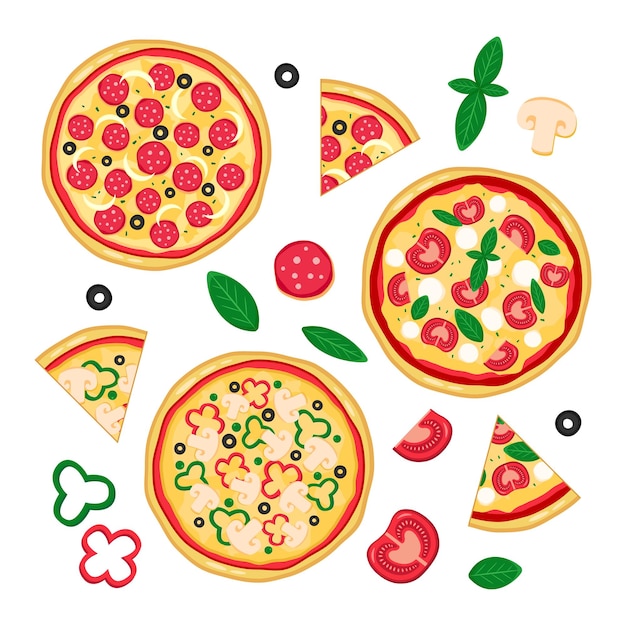 Colección de pizza fresca con rebanadas e ingredientes.