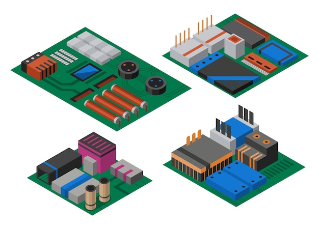 Colección de placas de circuito isométricas con componentes electrónicos Circuito de procesador de tecnología de chips de computadora y sistema de información de placas base de computadora Colección de equipos de tecnología