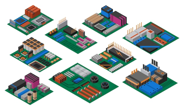 Colección de placas de circuito isométricas con componentes electrónicos Circuito de procesador de tecnología de chips de computadora y sistema de información de placas base de computadora Colección de equipos de tecnología