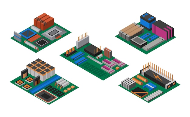 Colección de placas de circuito isométricas con componentes electrónicos Circuito de procesador de tecnología de chips de computadora y sistema de información de placas base de computadora Colección de equipos de tecnología