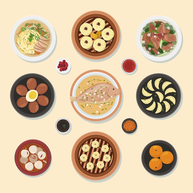 Colección plana de comida de cena de reunión de año nuevo chino