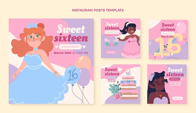 Vector colección plana dulce 16 publicaciones de instagram