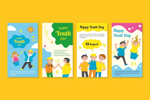 Colección plana de historias del día internacional de la juventud