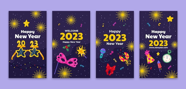 Colección plana de historias de instagram de año nuevo 2023