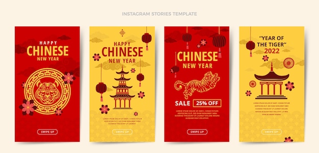 Vector colección plana de historias de instagram de año nuevo chino