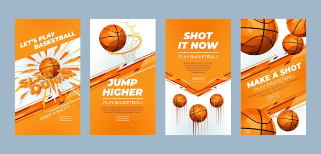 Vector colección plana de historias de instagram de baloncesto