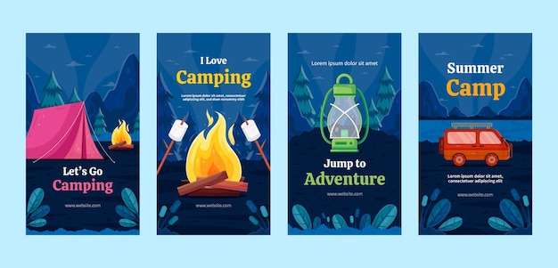 Vector colección plana de historias de instagram de camping de verano