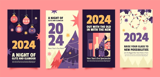 Colección plana de historias de instagram para la celebración del año nuevo 2024.