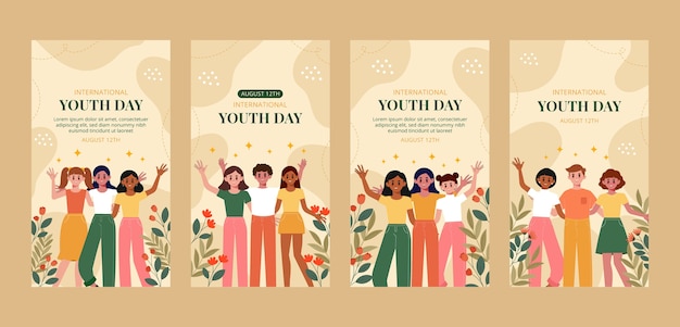 Vector colección plana de historias de instagram del día internacional de la juventud