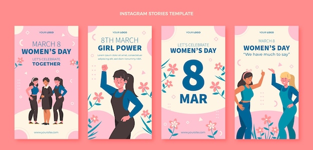 Colección plana de historias de instagram del día internacional de la mujer