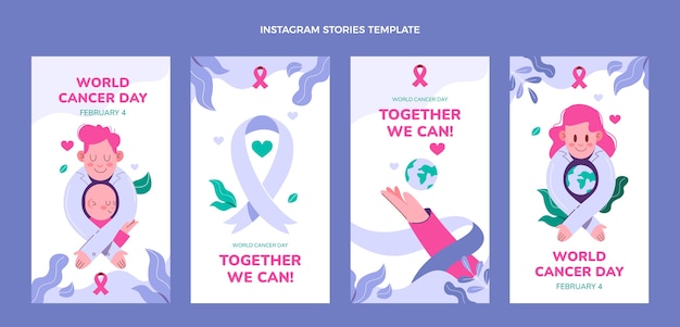 Vector colección plana de historias de instagram del día mundial del cáncer