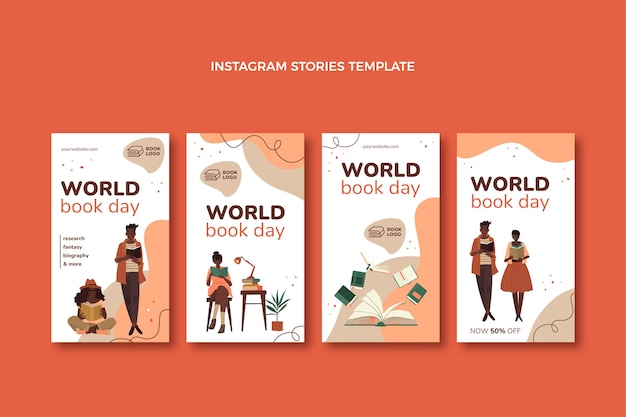 Colección plana de historias de instagram del día mundial del libro