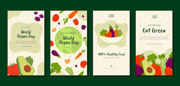 Vector colección plana de historias de instagram del día mundial vegano