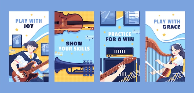 Vector colección plana de historias de instagram de educación musical y escuela