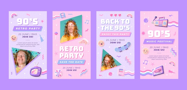 Vector colección plana de historias de instagram de fiesta de los 90