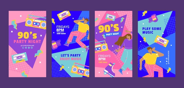 Vector colección plana de historias de instagram de fiesta de los 90