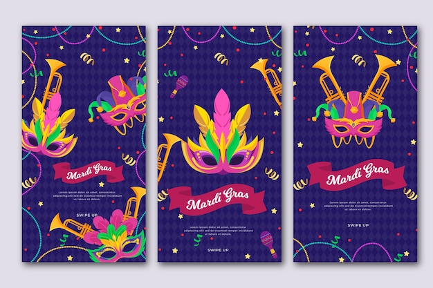 Vector colección plana de historias de instagram de mardi gras