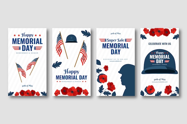 Vector colección plana de historias de instagram de memorial day