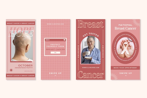 Colección plana de historias de instagram del mes de concientización sobre el cáncer de mama con foto