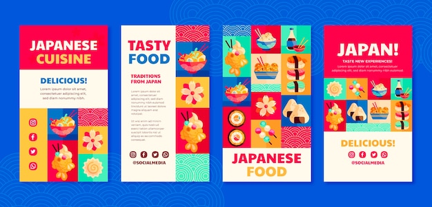 Colección plana de historias de instagram de restaurante japonés