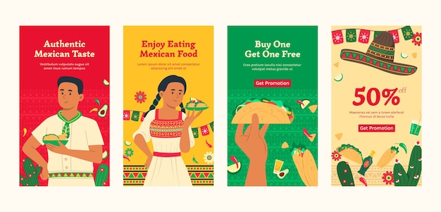 Vector colección plana de historias de instagram de restaurante mexicano