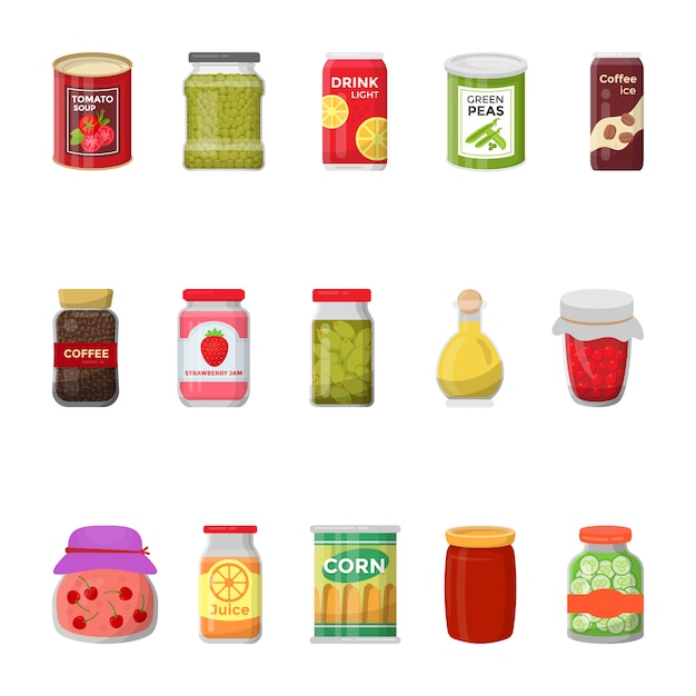 Colección plana de iconos de alimentos de latas