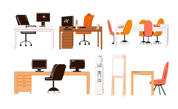 Vector colección plana de lugares de trabajo de oficina y hogar, estaciones de trabajo - conjunto de muebles - escritorio con monitor, mesa, silla, agua de oficina, asiento de gerente y mesa de conferencias para equipo aislado en blanco.