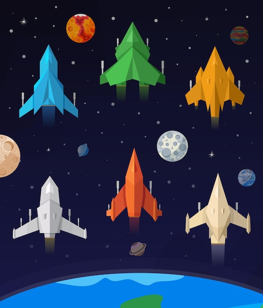 Colección plana de nave espacial. Nave espacial de juegos.