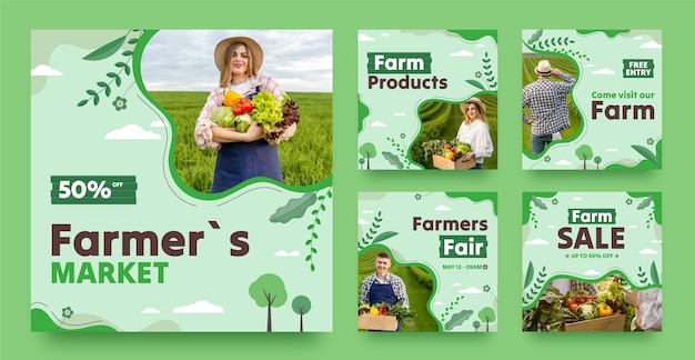 Vector colección plana de publicaciones de instagram para la agricultura y la agricultura