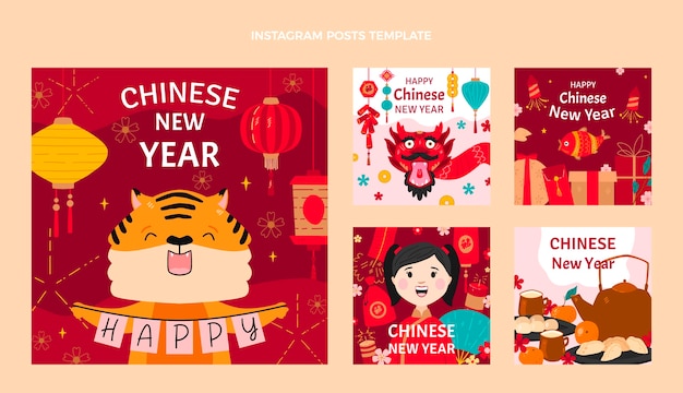 Vector colección plana de publicaciones de instagram de año nuevo chino