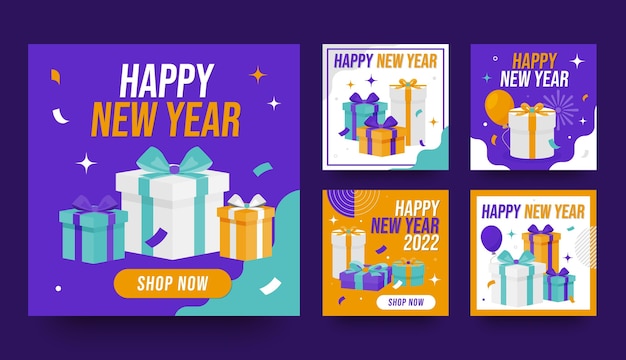 Vector colección plana de publicaciones de instagram de año nuevo