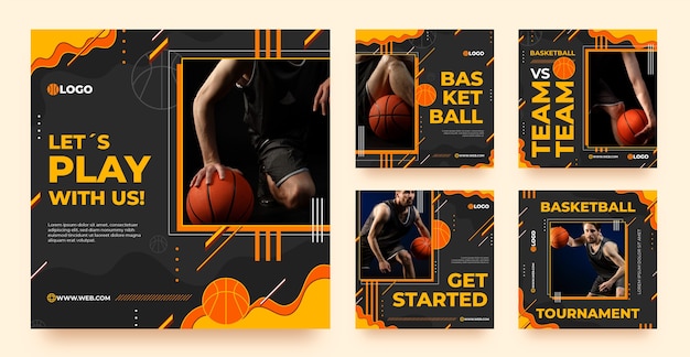 Vector colección plana de publicaciones de instagram de baloncesto