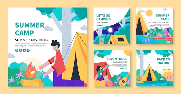 Vector colección plana de publicaciones de instagram de camping de verano