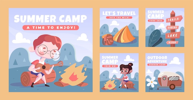 Vector colección plana de publicaciones de instagram de camping de verano