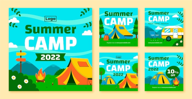 Vector colección plana de publicaciones de instagram de camping de verano