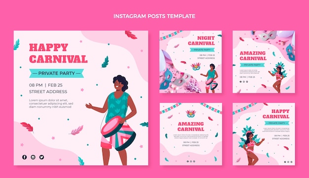 Colección plana de publicaciones de instagram de carnaval