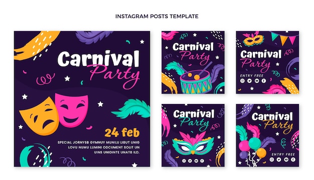 Colección plana de publicaciones de instagram de carnaval