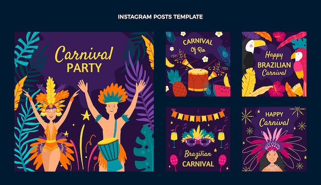 Colección plana de publicaciones de instagram de carnaval