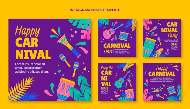 Colección plana de publicaciones de instagram de carnaval