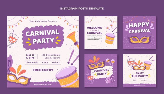 Colección plana de publicaciones de instagram de carnaval