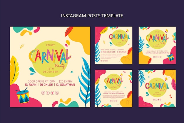 Vector colección plana de publicaciones de instagram de carnaval