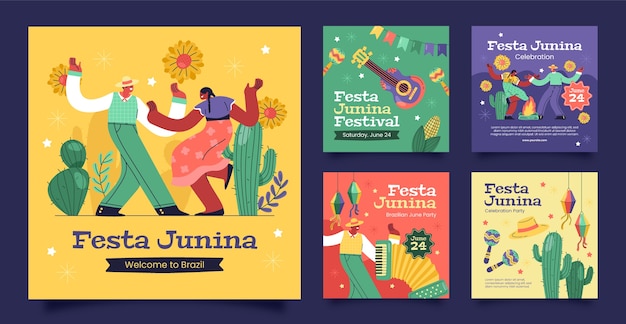 Vector colección plana de publicaciones de instagram para la celebración brasileña de festas juninas