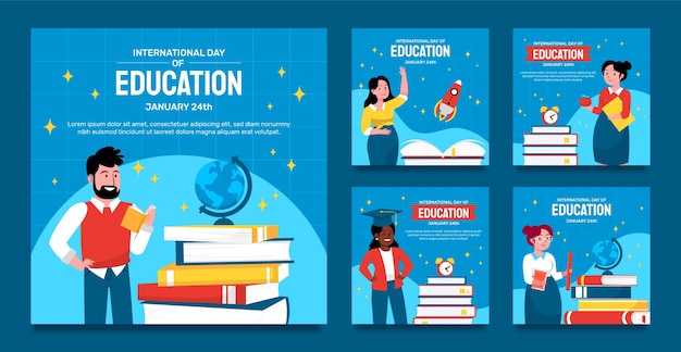Vector colección plana de publicaciones de instagram para la celebración del día internacional de la educación