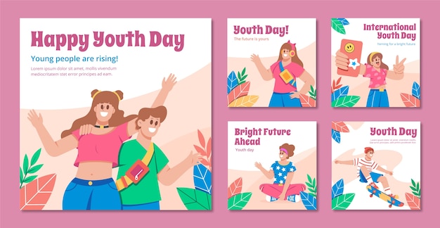 Vector colección plana de publicaciones de instagram para la celebración del día internacional de la juventud