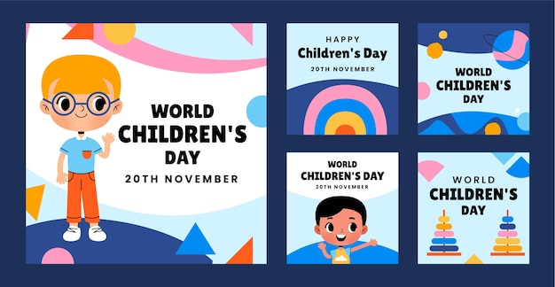 Colección plana de publicaciones de instagram para la celebración del día mundial del niño con niños jugando